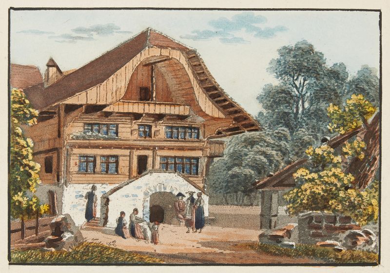 Paisaje con una auberge entre colinas, pintura al óleo de Jakob Samuel Weibel