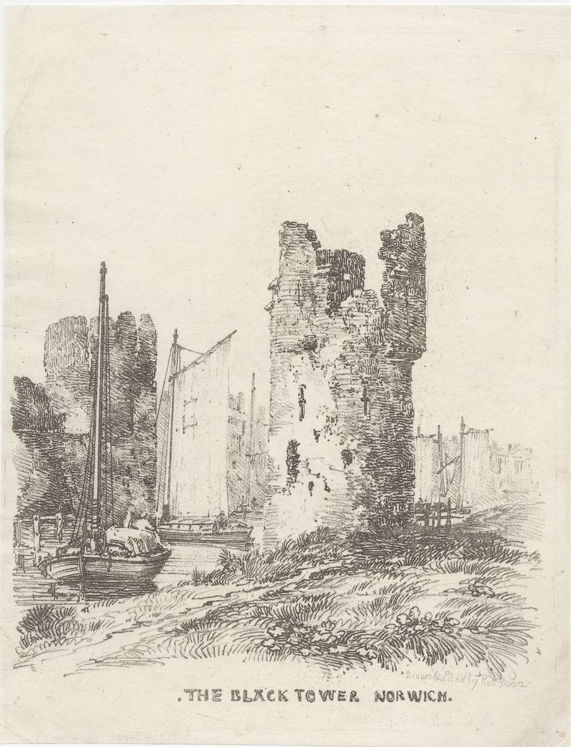 The Black Tower Norwich, watercolor on paper by Robert Dixon