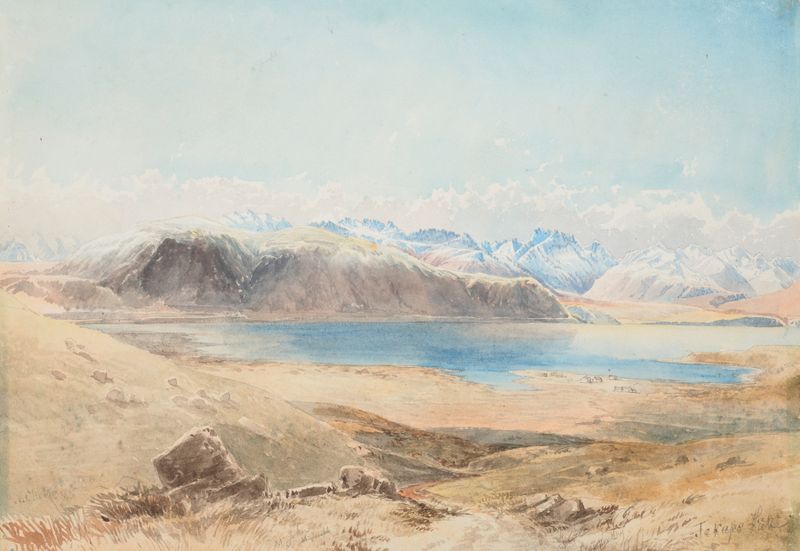Landscape of Tekapo Lake by Nicholas Chevalier, oil on canvas, featuring tranquil waters and vibrant hues.