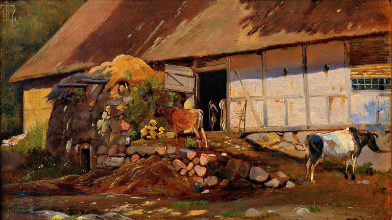 Outside the cowshed by Johan Thomas Lundbye, oil painting depicting light and shadow.