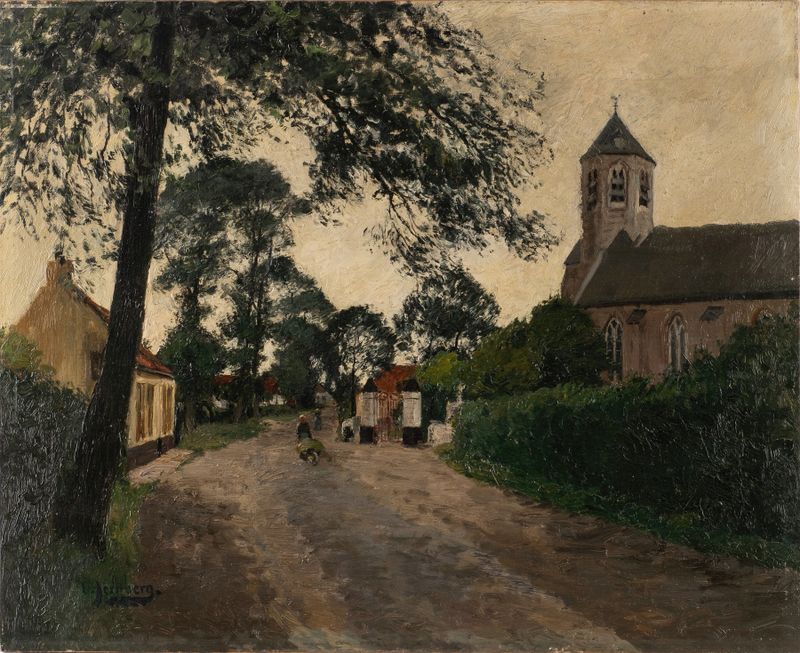 Village street with church in oil on canvas by August Jernberg