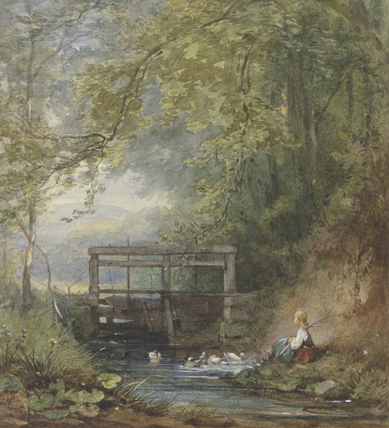 Gänsehirtin an einer Schleuse, oil on canvas by Philipp Rumpf, depicting a serene gooseherd by the water.