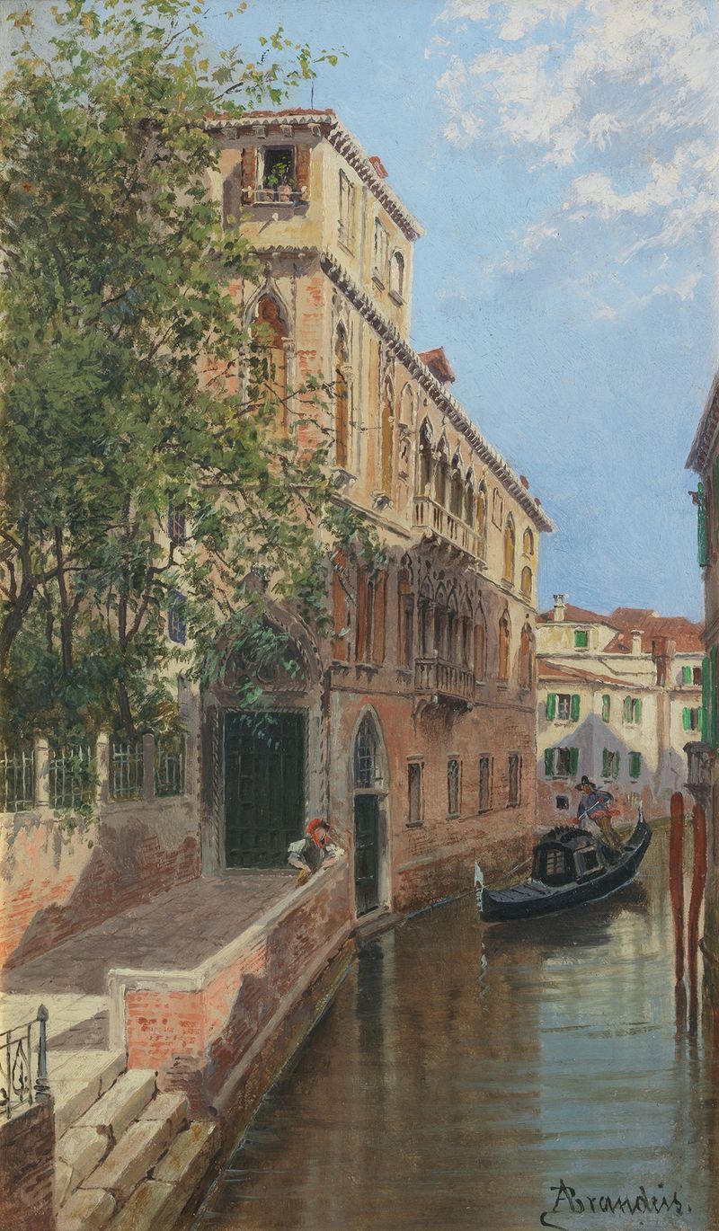 Un palacio veneciano reflejado en el agua, óleo sobre lienzo de Antonietta Brandeis