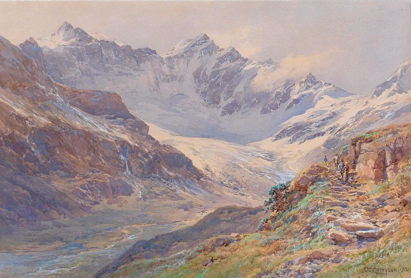 Ödenwinklkees with the Johannisberg by Edward Theodore Compton, oil on canvas depicting a tranquil valley and mountains.