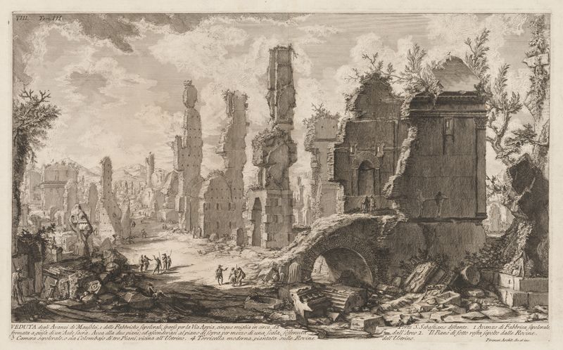 Grabado de La Vía Apia de Giovanni Battista Piranesi mostrando ruinas antiguas y paisaje.