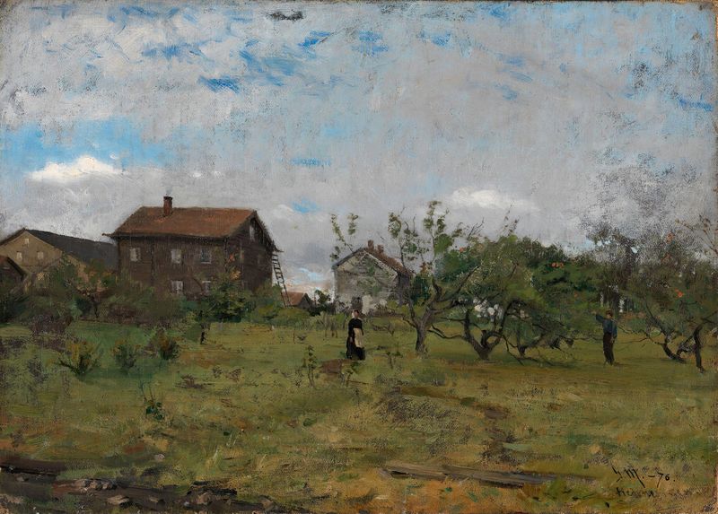 Landscape with a farm, hills, and sunlight by Gerhard Munthe, oil painting