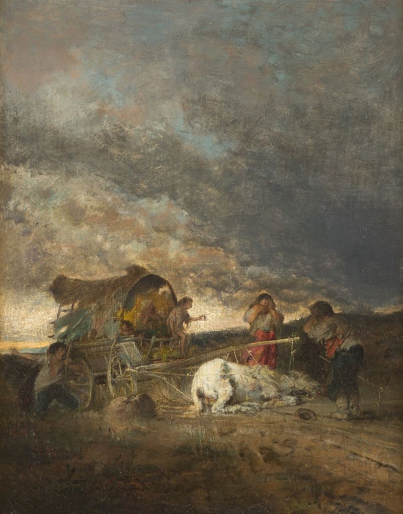 Figurative oil painting by Adolf Humborg, The Accident, depicting a shocked figure in earth tones.