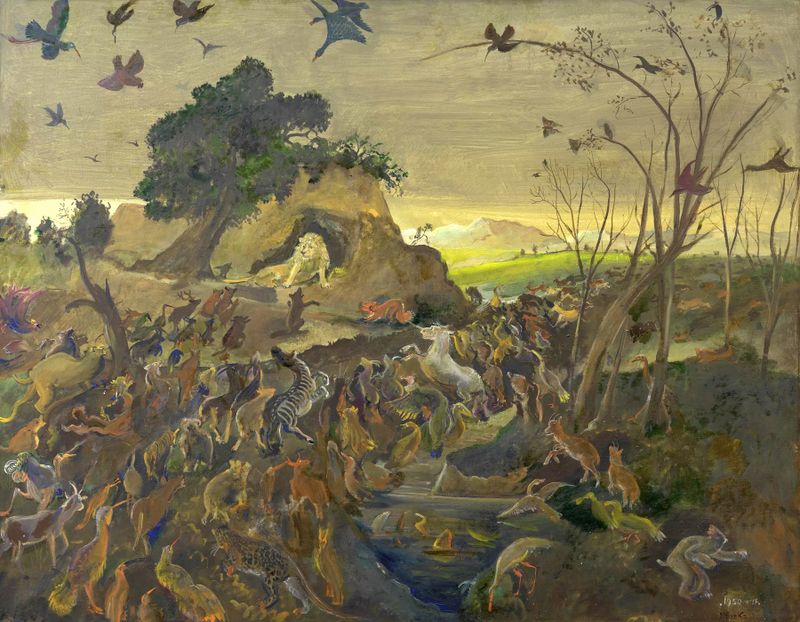 Raposa em uma paisagem vibrante, pintura a óleo de Oskar Laske