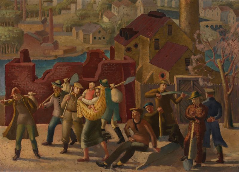 Urban landscape with workers, oil painting by Michał Rouba