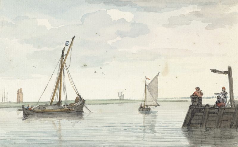 Landscape oil painting by Aert Schouman featuring a lighthouse and harbor under a muted sky