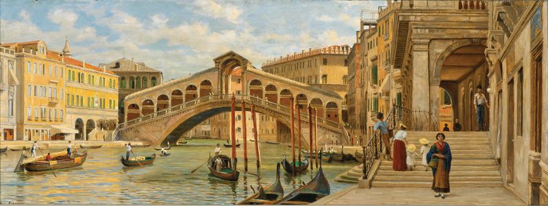 Venecia, Vista del Puente de Rialto de Luigi Ferrazzi, pintura al óleo que muestra el canal y el puente.