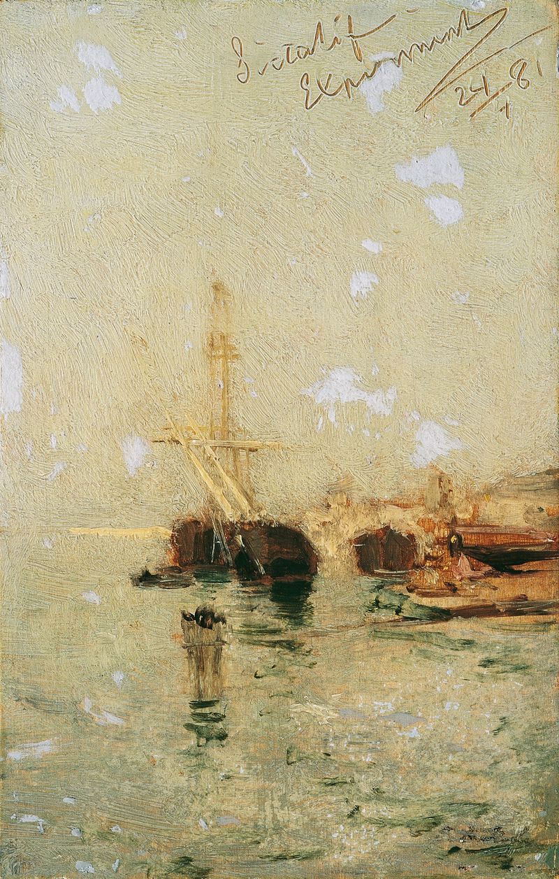 Escena marina con gondola en canal, pintura al óleo de August von Pettenkofen