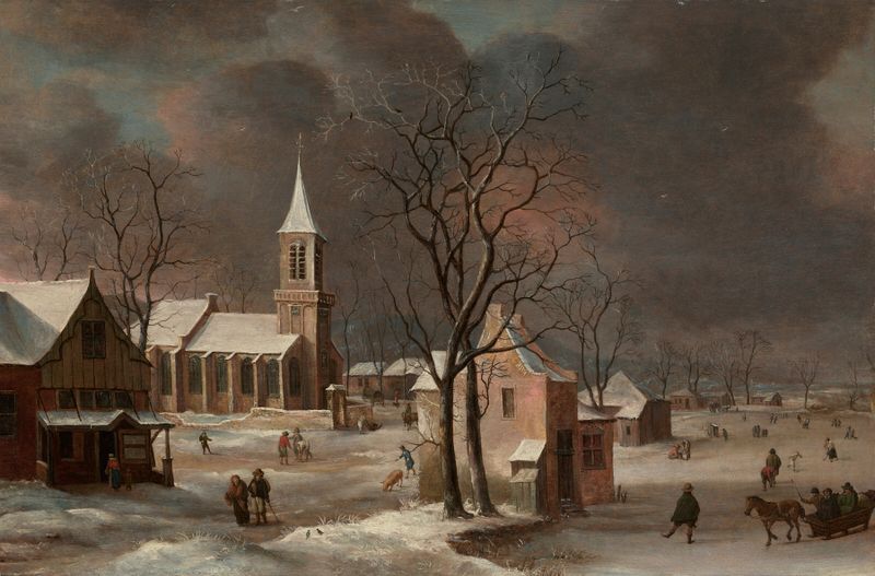 A winter landscape with ice skaters and a church, oil painting by Anthonie Beerstraaten