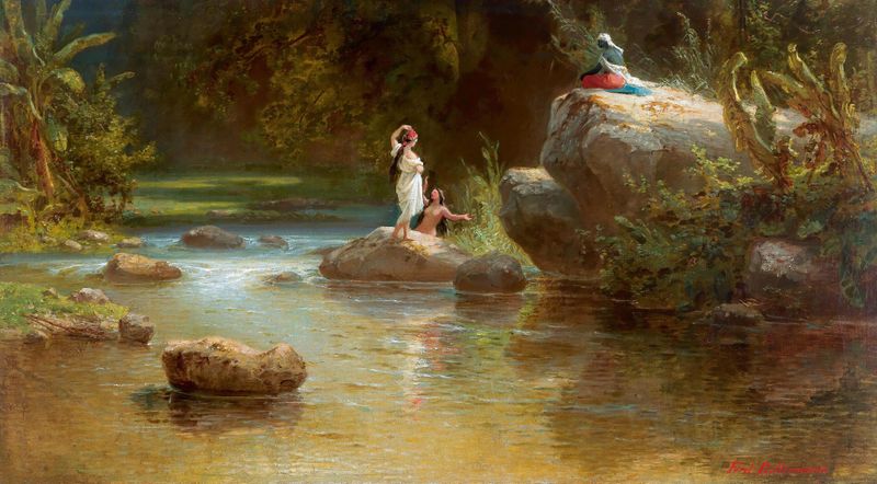 Figurative scene of figures by a river, oil painting by Ferdinand Bellermann
