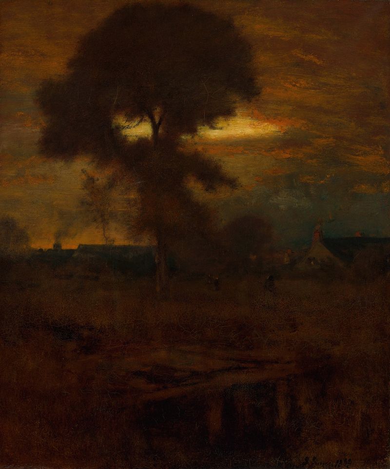 Oil painting by George Inness depicting a landscape with golden light and rolling hills.