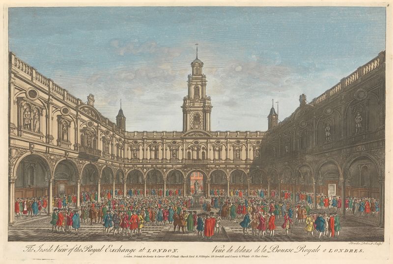 Interior scene of the Royal Exchange at London by Thomas Bowles III, Victorian medium