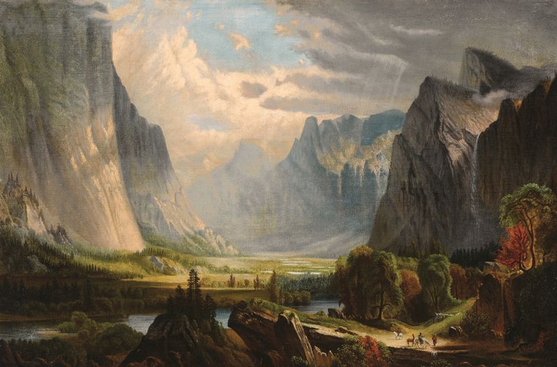 Valley Landscape de School Of Thomas Hill, óleo sobre tela que retrata um vale sereno com montanhas e nuvens.