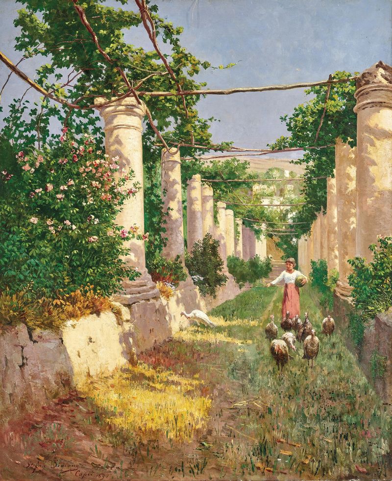 Oil painting by Stefan Simony of a girl feeding turkeys in a sunlit pergola