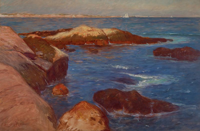 Marine by Frank Duveneck, oil on canvas depicting a tranquil bay with vibrant sea and reflections.