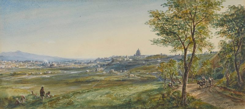 Paisagem de Roma ao amanhecer por Arthur Perigal, pintura a óleo