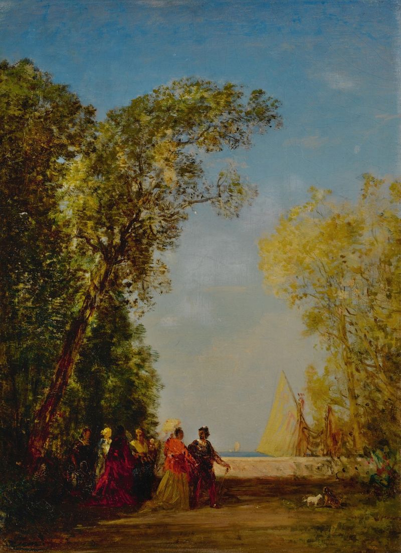 Intérieur d’un jardin à Venise de Félix Ziem, óleo sobre lienzo que representa un jardín exuberante en Venecia.