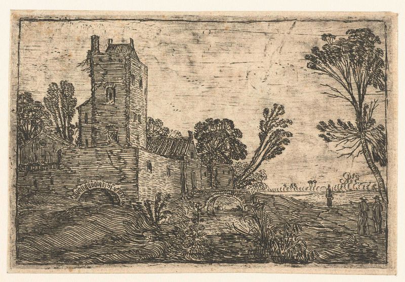 Hoge vierkante toren achter een muur gelegen aan een gracht, gravura de Esaias van de Velde