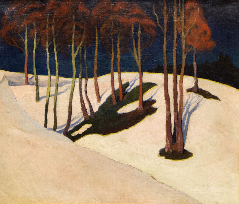 Landscape with red trees, oil on canvas by Stanisław Ignacy Witkiewicz