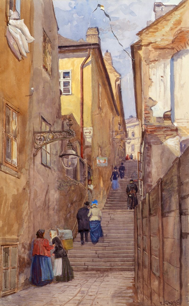 Die Bettlerstiege In Wien-Mariahilf de Ernst Graner, óleo sobre tela retratando figuras em degraus desgastados com luz que...