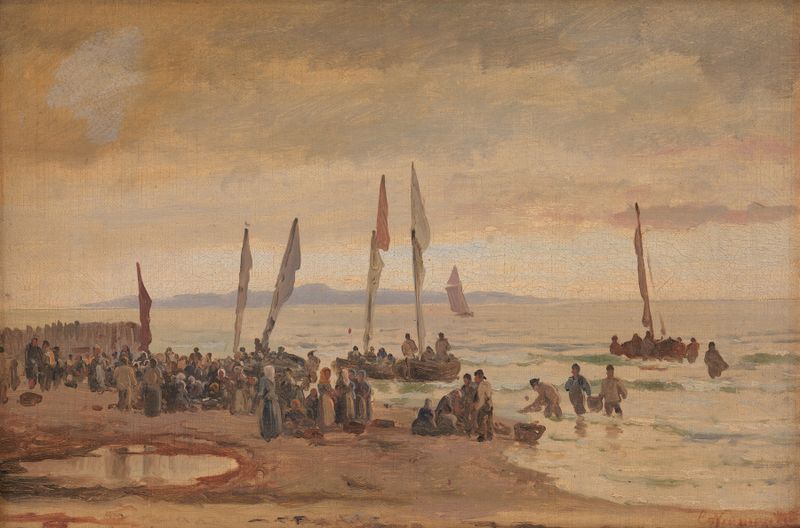 Genre scene depicting fishermen at Hornbæk Strand, oil painting by Carl Neumann