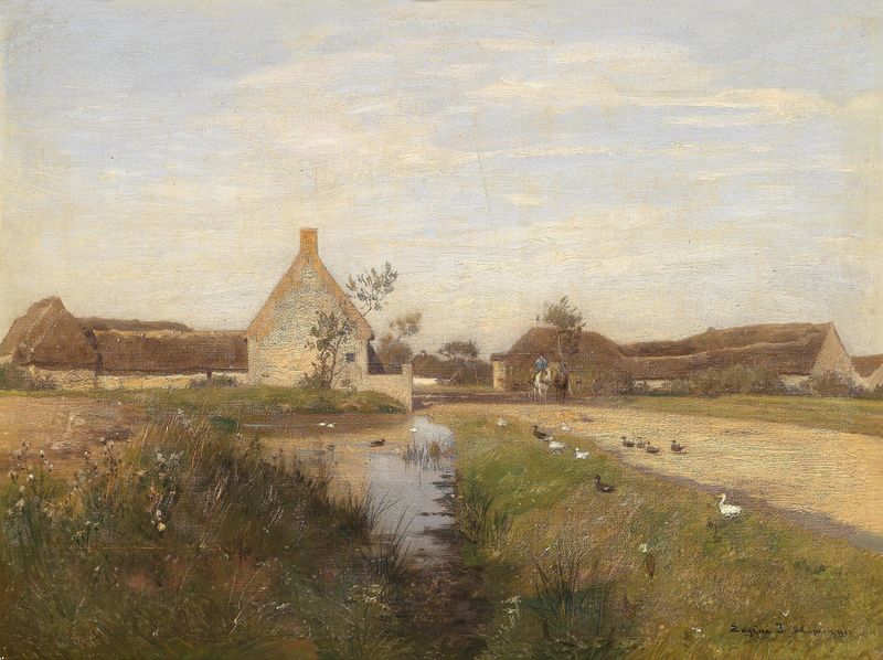 Eingang zum Dorf Cayeux de Eugen Jettel, óleo sobre lienzo que muestra un camino del pueblo y vegetación exuberante.