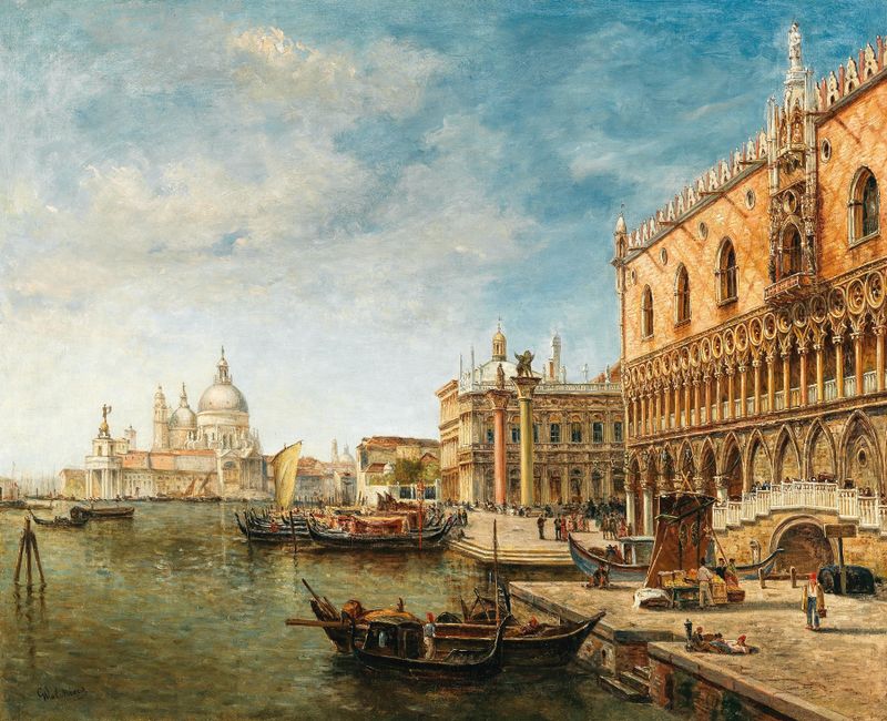 Paisaje que representa Venecia con el Palacio Ducal, pintura al óleo de Gustave Walckiers