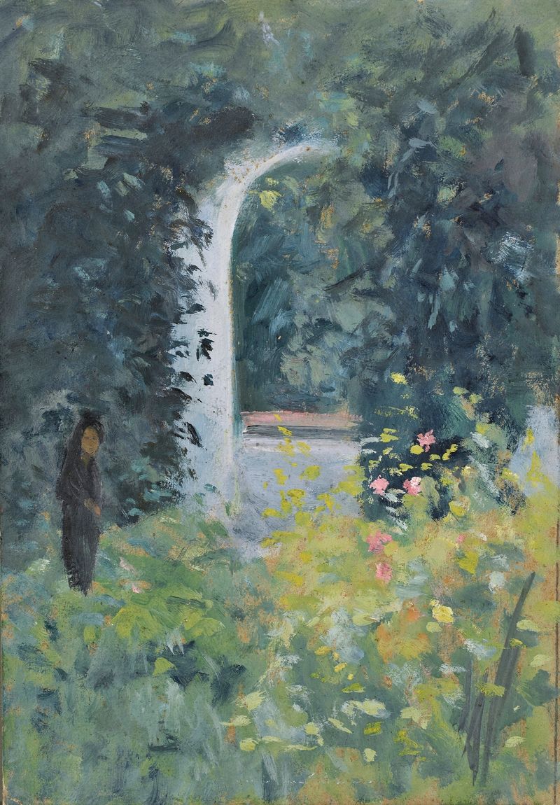 Cena figurativa de uma mulher em um jardim de rosas de Ernst Schiess, meio desconhecido