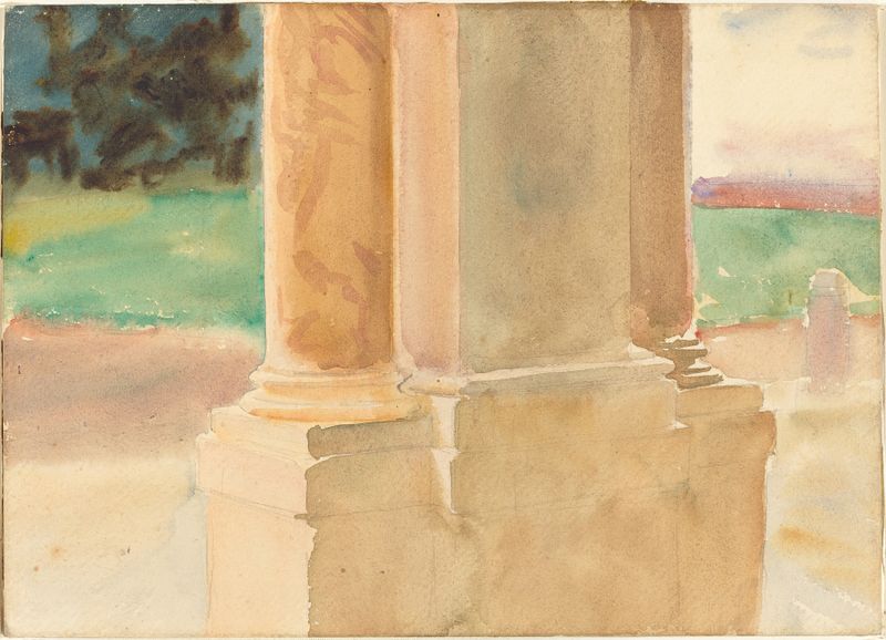 Estudio arquitectónico de John Singer Sargent, que representa un edificio clásico con reflejos y luz solar.