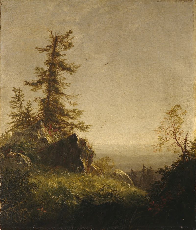Morning on the Mountain by Richard William Hubbard, oil on canvas depicting a serene mountain landscape.