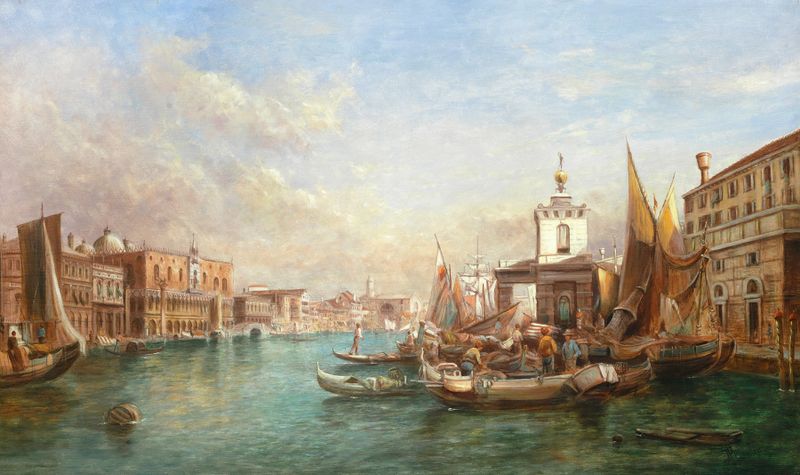 The Dogana by Alfred Pollentine, oil painting depicting a customs house with light and shadow.