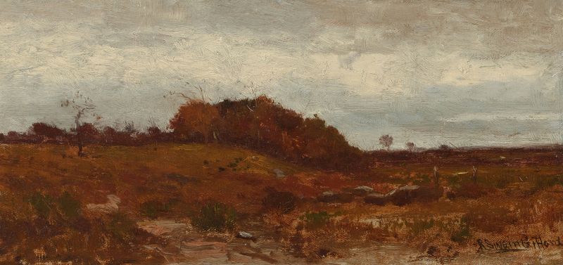 Autumn Landscape by Robert Swain Gifford, oil on canvas showing amber leaves and twilight.