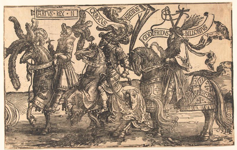 Cena histórica com heróis em armadura, gravura de Lucas van Leyden