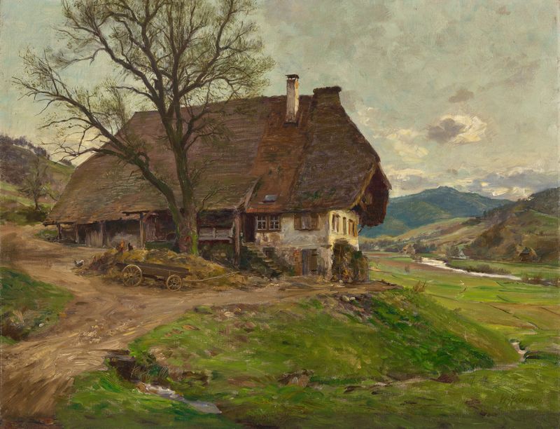 Oil on canvas by Wilhelm Gustav Friedrich Hasemann depicting a house in a forest with shadows.