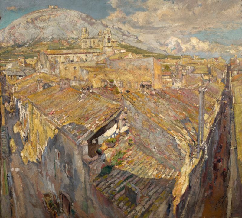 A Village in L’Empordà by Francesc Gimeno, oil on canvas depicting a sunlit village among hills.