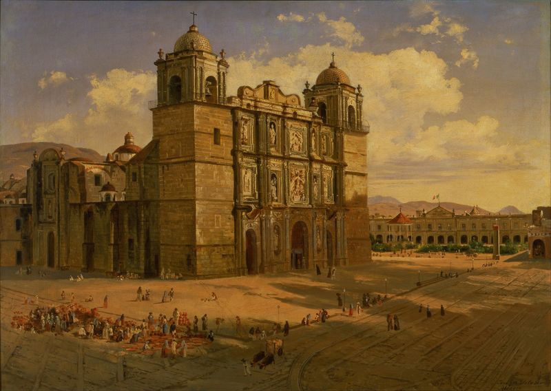 Oaxaca Cathedral by José María Velasco, oil painting depicting light and shadow on the cathedral's façade.