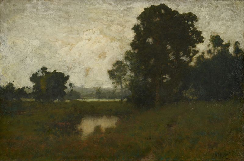 A Pool in the Meadow de Alexander Helwig Wyant, pintura al óleo de un tranquilo estanque reflejando el cielo.