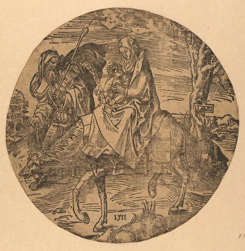 Vlucht naar Egypte de Jacob Cornelisz van Oostsanen, medio papel, muestra a una familia viajando por un paisaje.