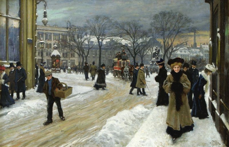 Winter landscape with figures in coats, oil painting by Paul Fischer