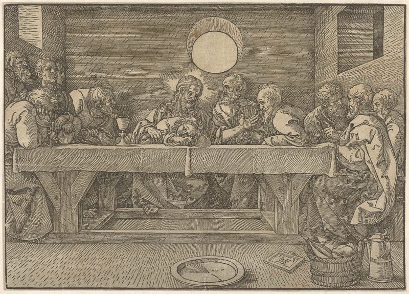 Laatste Avondmaal de Albrecht Dürer, grabado en papel que muestra discípulos alrededor de una mesa.