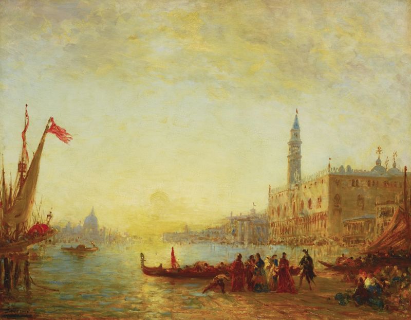 Cena marinha de inundação no cais por Félix Ziem, pintura a óleo