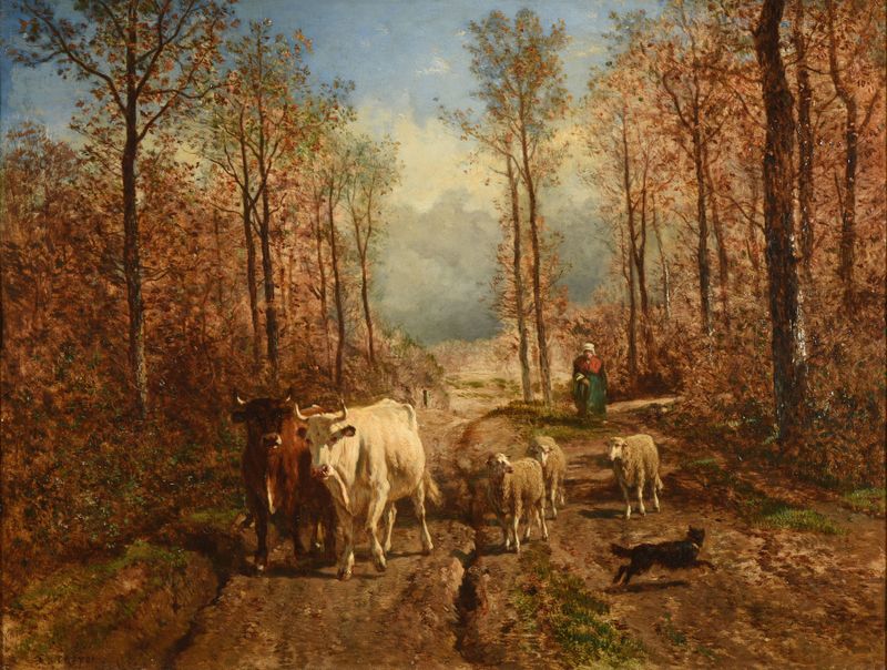 Pastoral scene with sheep at dusk, oil on canvas by Constant Troyon