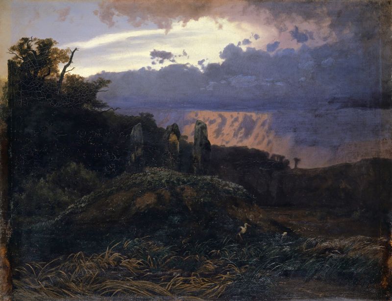Le Dolmen de Arnold Böcklin, óleo sobre lienzo que muestra piedras antiguas y vegetación