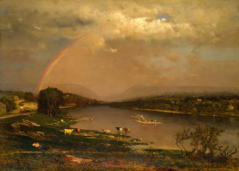 Delaware Water Gap by George Inness, oil painting depicting a serene landscape with a river and valley.