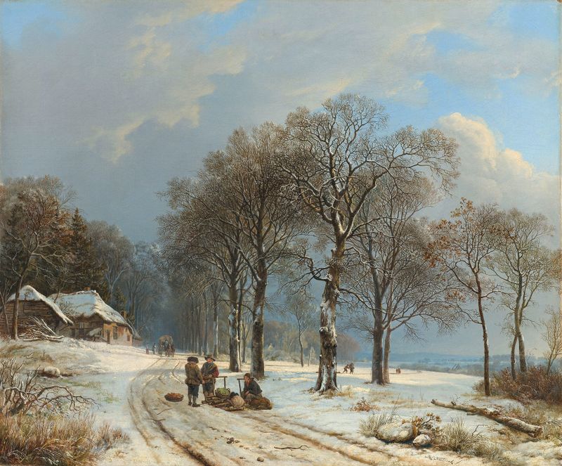 Paisaje invernal óleo de Barend Cornelis Koekkoek con nieve y árboles