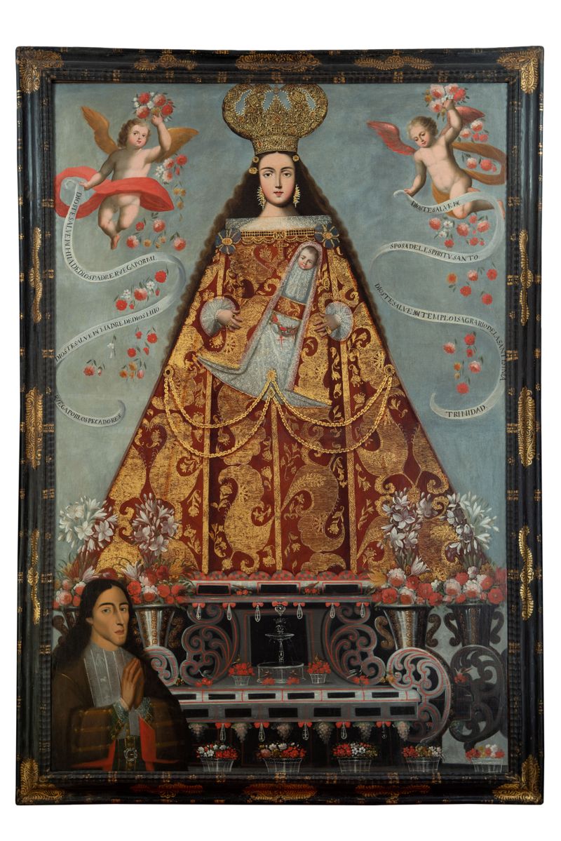 Nossa Senhora de Belém com o retrato de um doador indígena, meio em ouro, artista não identificado